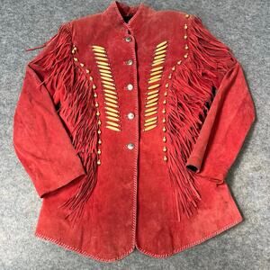 Vintage Red Clay People Womens Real Leather Suede Jacket Fringe Beaded Size XL